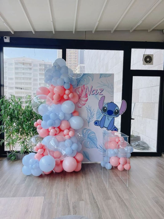 Customizable Board Stitch Backdrop with Balloons Pink, Blue and Clear - Stitch-Themed Perfect for special occasion