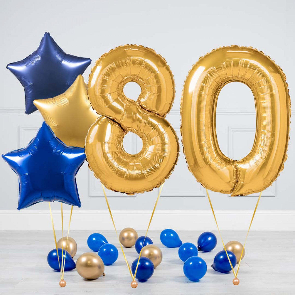 Helium Gold Two Number Set Balloon - Dark Blue, Blue and Gold Stars with Mini Balloons