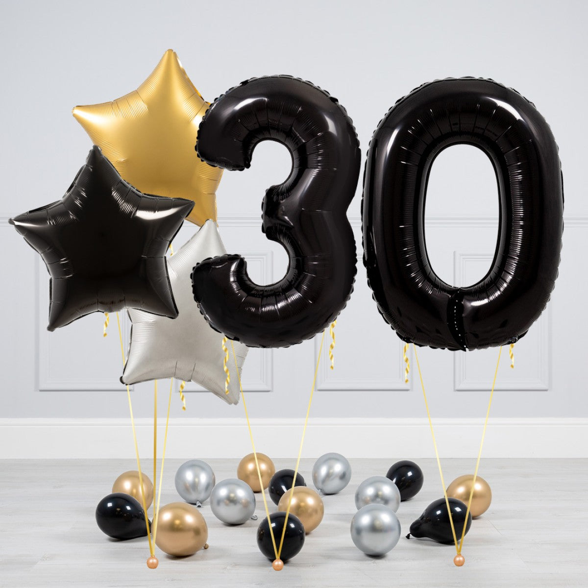 Helium Black Two Number Set Balloon - Gold, Black and White Stars with Mini Balloons