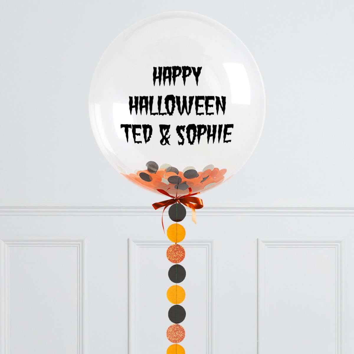 Personalised Helium Balloon Halloween Circles Confetti Helium Bubble Balloon Elevate Your Celebration with Our Stunning Helium Bubble Balloon Bouquet