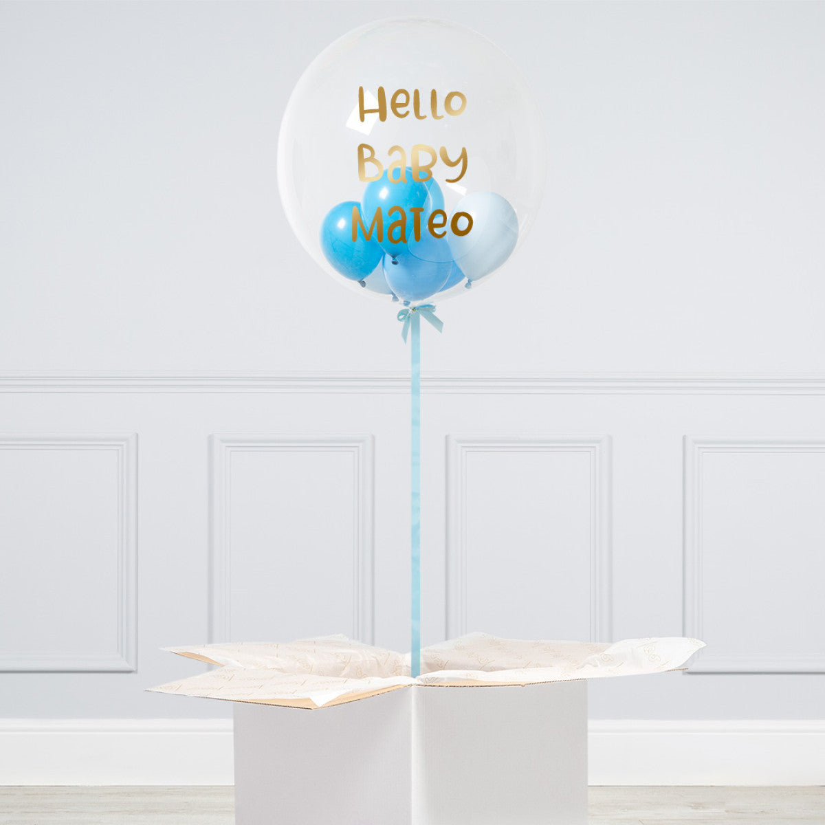 Personalised Helium Balloon with Baby Blue Mini and Bobo Balloon Elevate Your Celebration with Our Stunning Helium Bubble Balloon