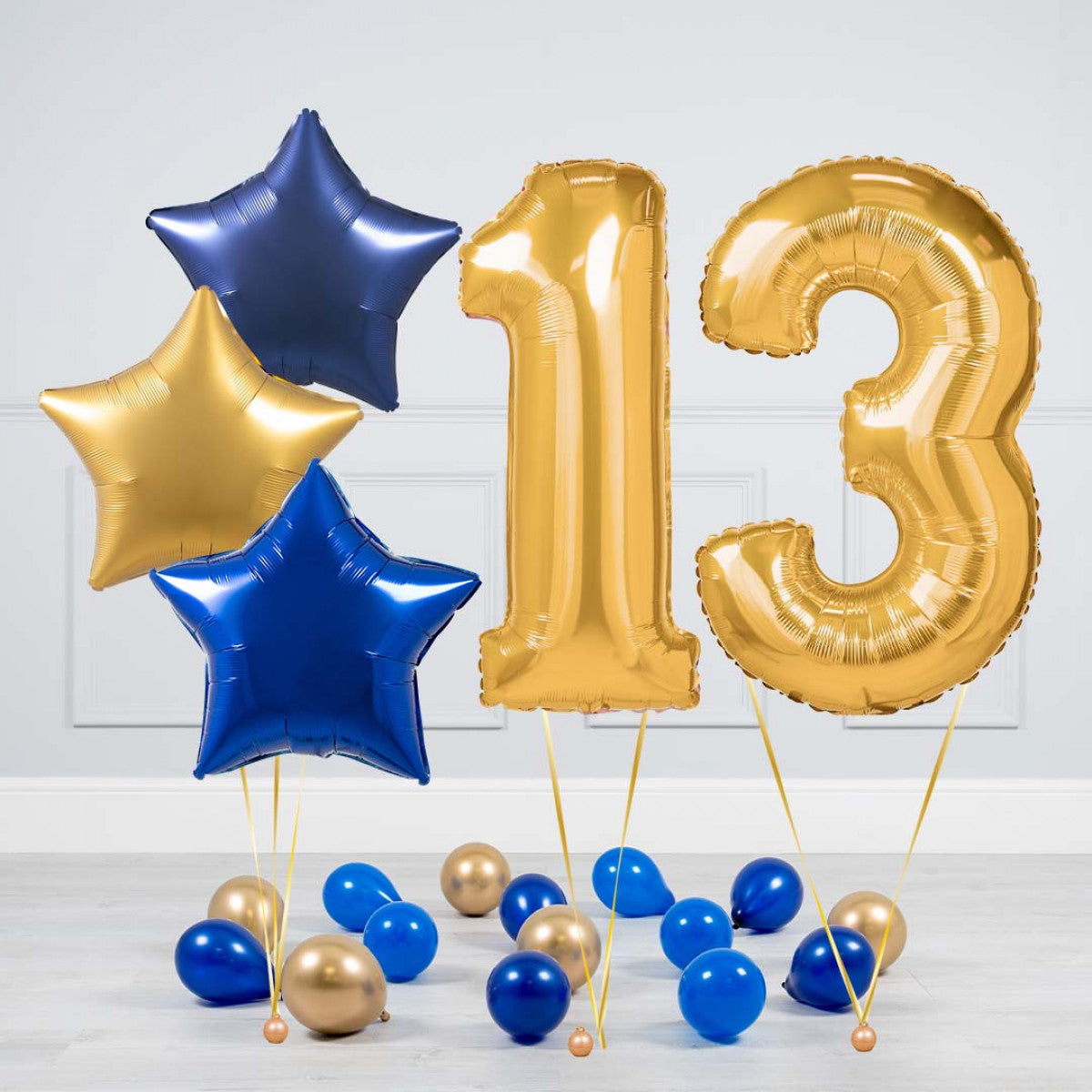 Helium Gold Two Number Set Balloon - Dark Blue, Blue and Gold Stars with Mini Balloons