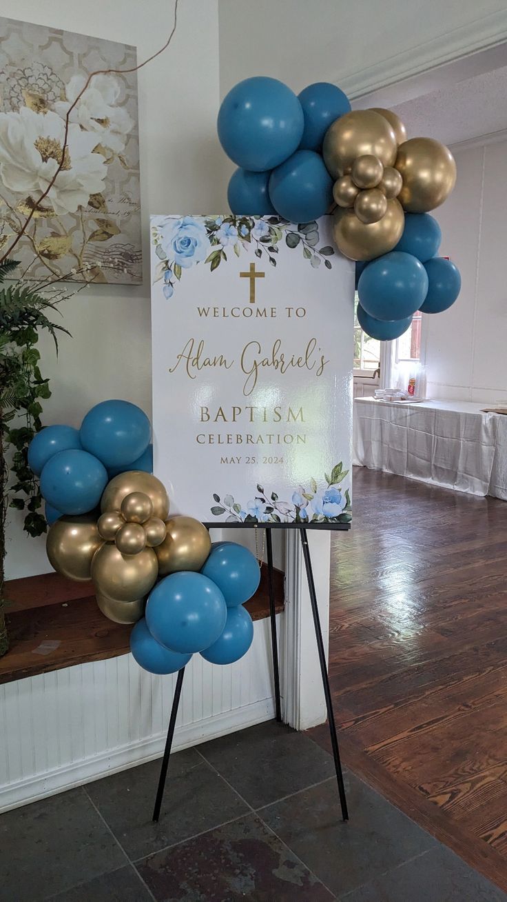Customizable Canvas with Wooden Stand Welcome Board, Organic Balloon Blue and Light Gold Chain Arrangement - Perfect for any occasions!