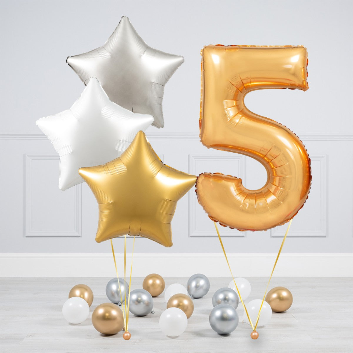 Helium Gold Single Number Set Balloon - Silver, White and Gold Stars with Mini Balloons