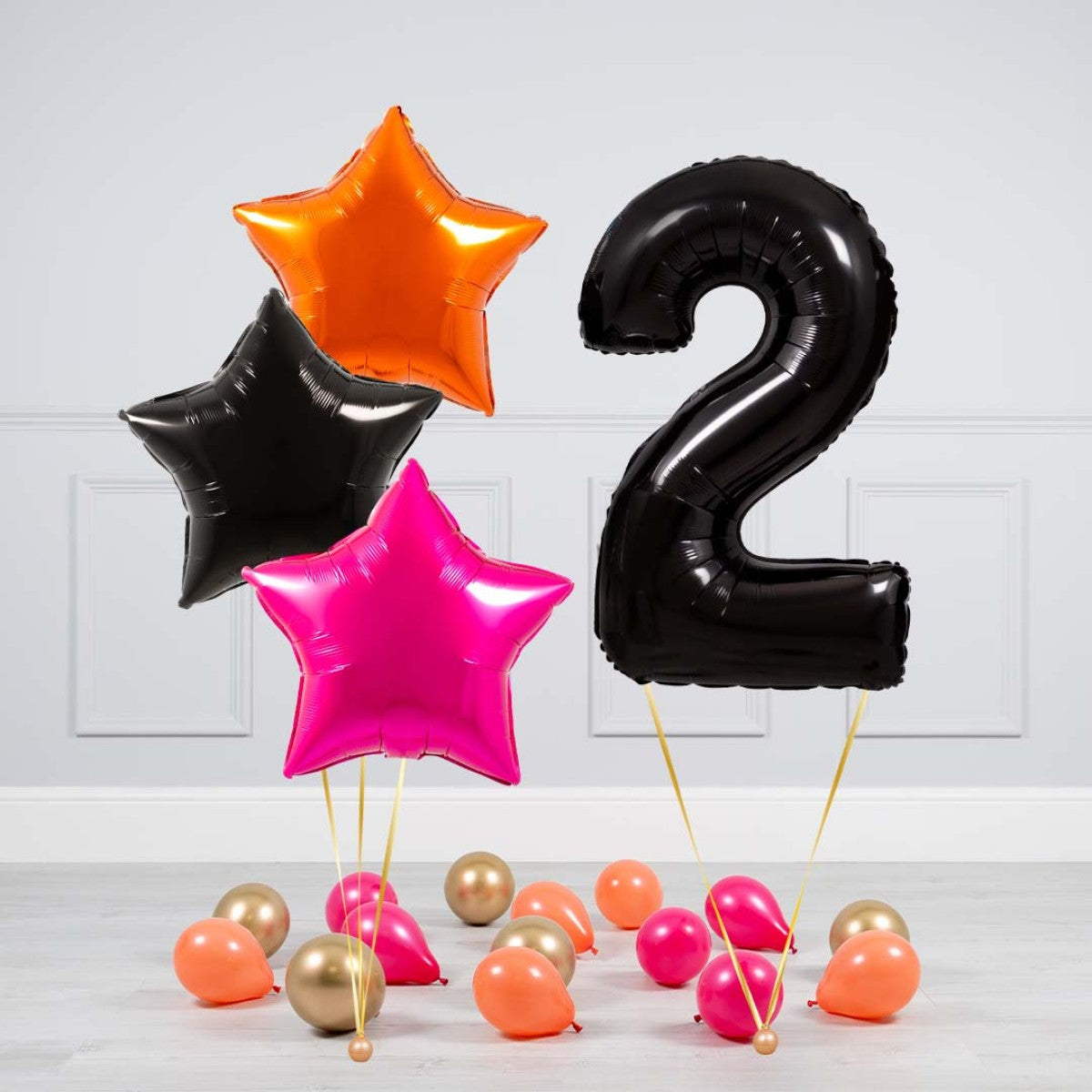 Helium Black Single Number Set Balloon - Orange, Black and Pink Star with Mini Balloons