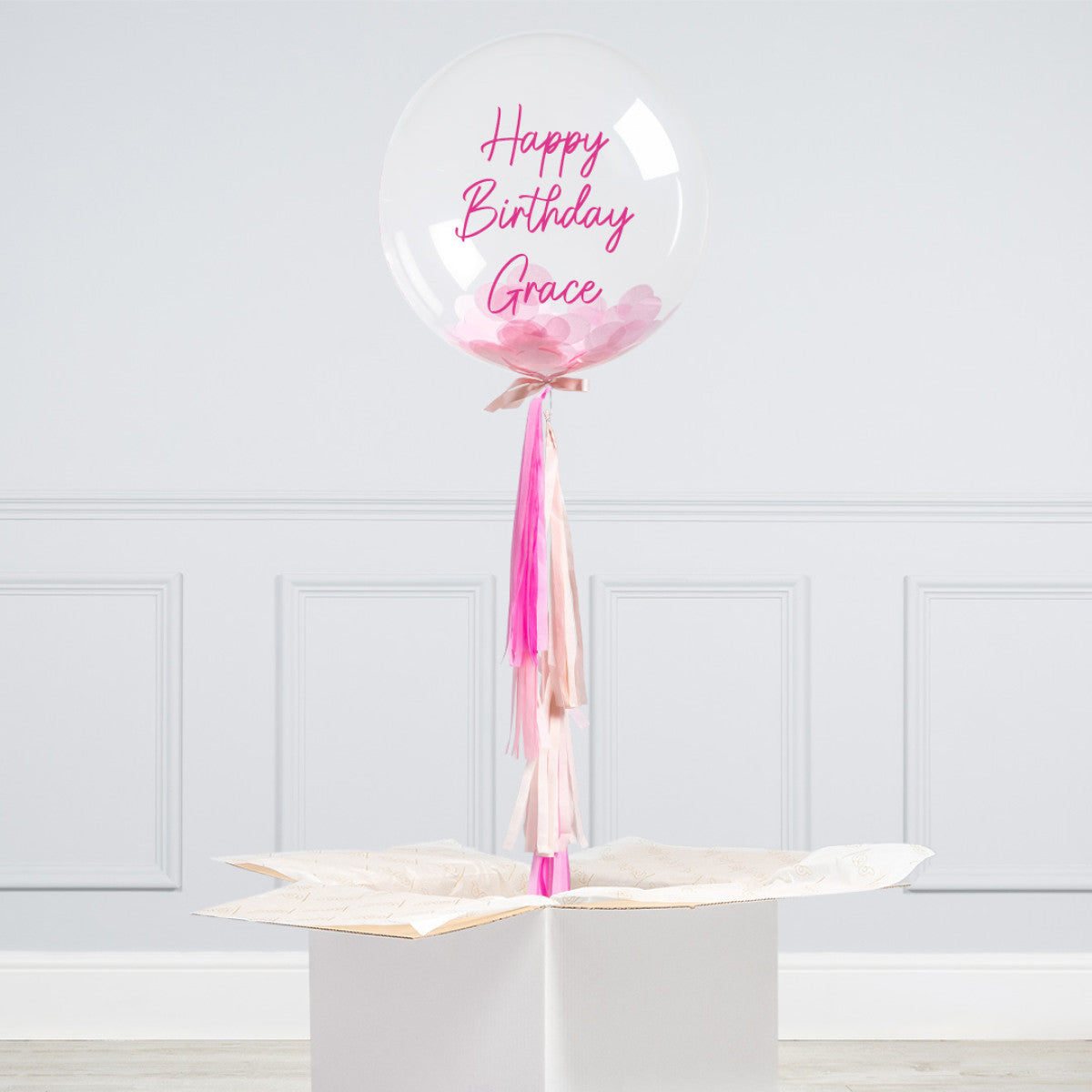 Personalised Helium Balloon with Baby Pink Confetti Bobo Balloon - Elevate Your Celebration