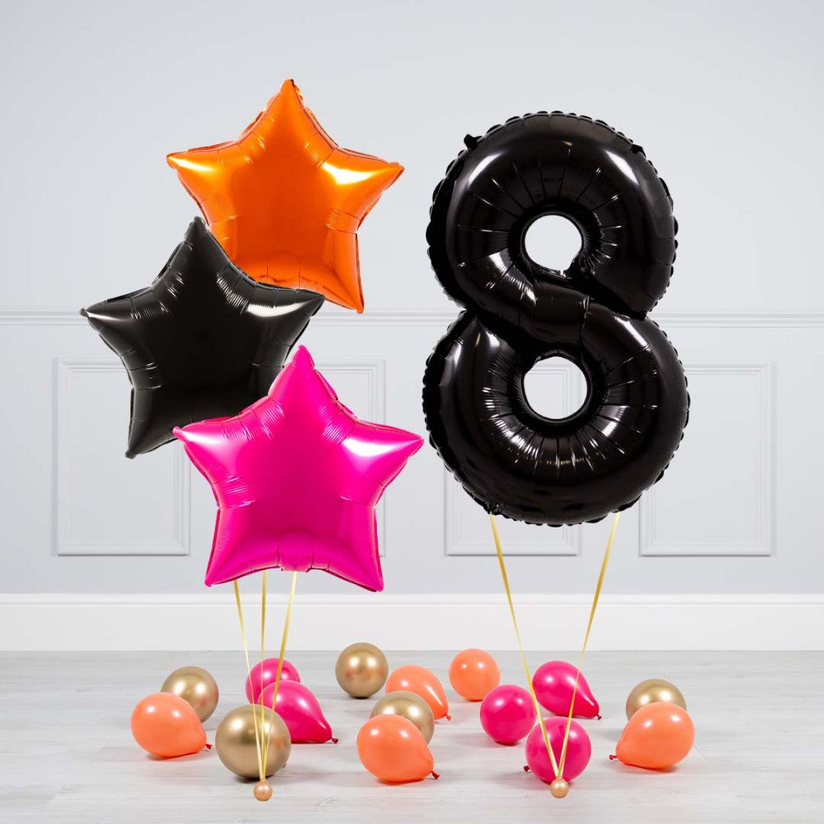 Helium Black Single Number Set Balloon - Orange, Black and Pink Star with Mini Balloons